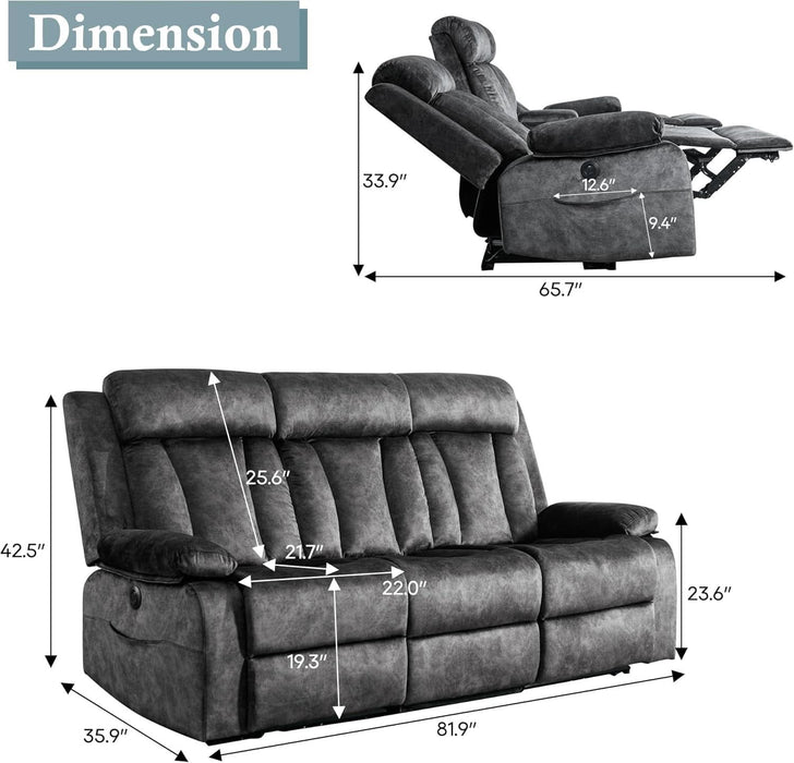 Power Reclining Sofa, 3-Seater Reclining Couch with Massage & Heat, Drop-Down Table, USB & Type-C Charging Ports, Cup Holders, Dutch Velvet, RV & Living Room Reclining Seating