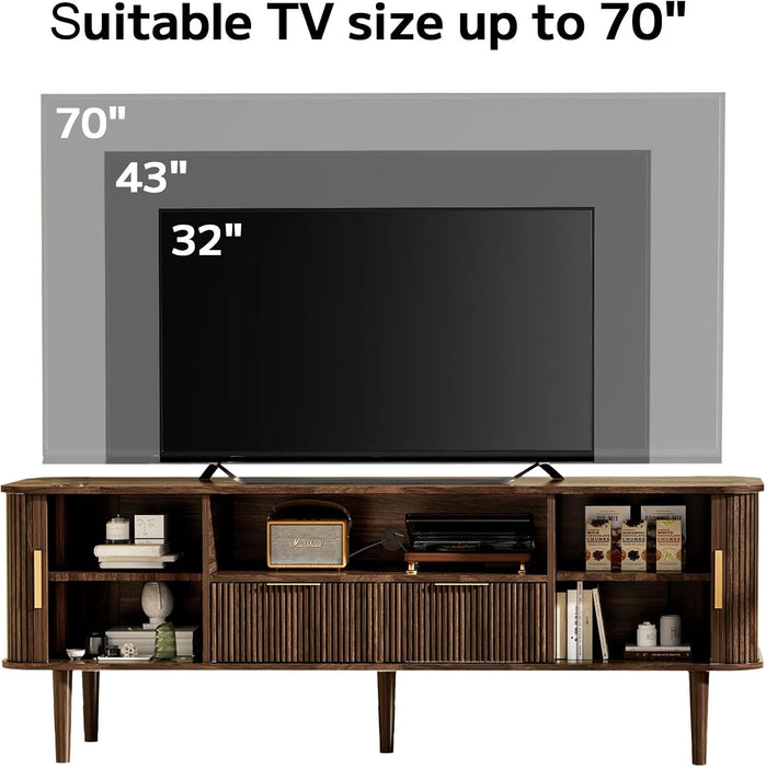 62.4 Inch Fluted TV Stand, Modern Media Console Table with Sliding Tambour Door Farmhouse Sideboard Buffet Cabinet Fits Tvs up to 75 Inch, Wood Entertainment Center for Living Room(Dark Wood)