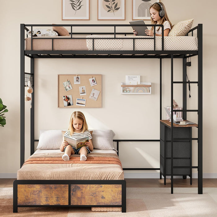 VintageBrown Twin Over Twin Loft BunkBed DeskCharging