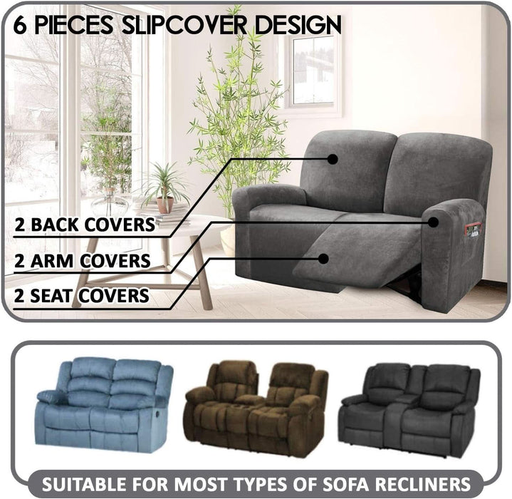 Reclining Love Seat Slipcover, 48" - 65" L, 6-Piece Velvet Stretch Loveseat Reclining Sofa Covers, 2 Seat Love Seat Recliner Cover, Thick, Soft, Washable (Dark Grey)