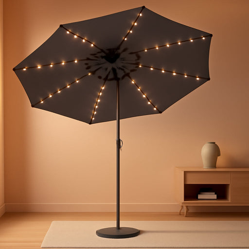 9FT Outdoor Patio Umbrella with Solar Lights, LED Lighted Pool Umbrella with Tilt and Crank, Outdoor Table Umbrellas for Deck, Yard & Market (Dark Gray)