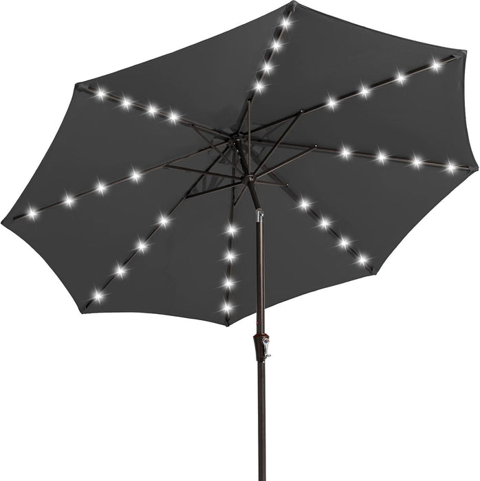 9FT Outdoor Patio Umbrella with Solar Lights, LED Lighted Pool Umbrella with Tilt and Crank, Outdoor Table Umbrellas for Deck, Yard & Market (Dark Gray)