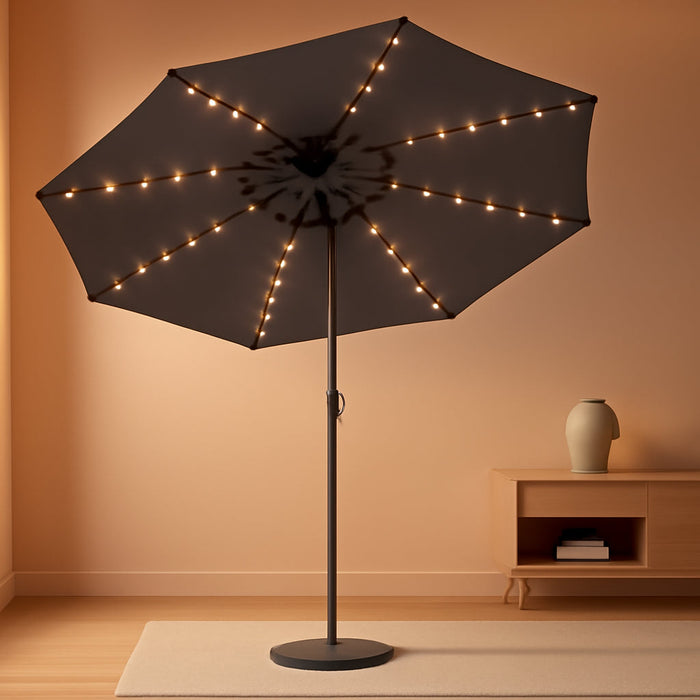 9FT Outdoor Patio Umbrella with Solar Lights, LED Lighted Pool Umbrella with Tilt and Crank, Outdoor Table Umbrellas for Deck, Yard & Market (Dark Gray)