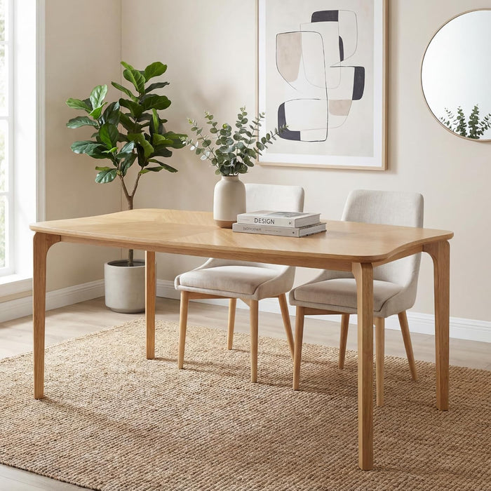 Mid-Century 63" Oak Color Dining Table with Curved Edges | Modern Solid Wood Legs Rectangular 6-Person Kitchen Table for Dining Room Living Room