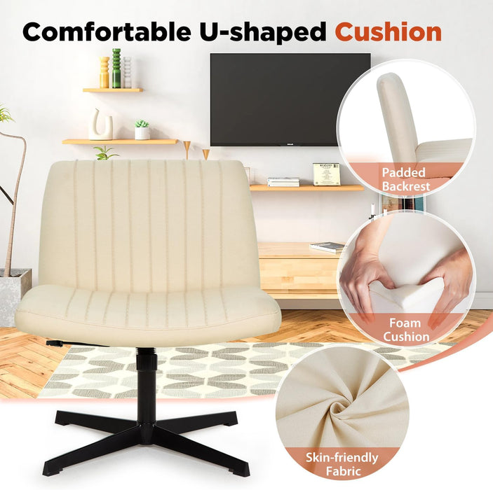 Criss Cross Chair,Armless Cross Legged Office Chair,Wide Comfty Desk Chair with No Wheels Modern Height Adjustable,Swivel Fabric Vanity Chair Computer Task Chair (Pack of 1, Beige)