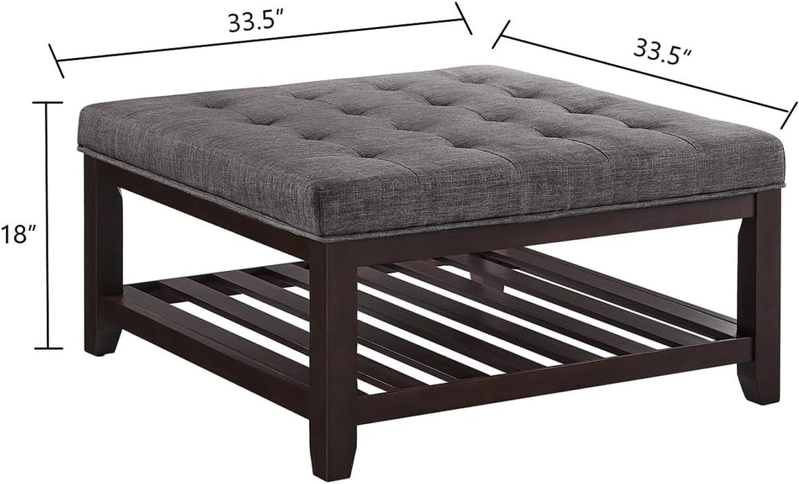 Large Square Upholstered Tufted Linen Ottoman Coffee Table, Large Footrest Ottoman with Solid Wood Shelf-Dark Gray