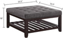 Large Square Upholstered Tufted Linen Ottoman Coffee Table, Large Footrest Ottoman with Solid Wood Shelf-Dark Gray