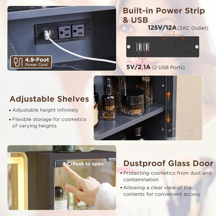 48" Fluted Vanity Desk with 36" Large HD Mirror and Lights, Modern Wood Glass Tabletop Makeup Table with Adjustable Storage Shelves, 5 Drawers, Charging Station for Bedroom, Dark Grey