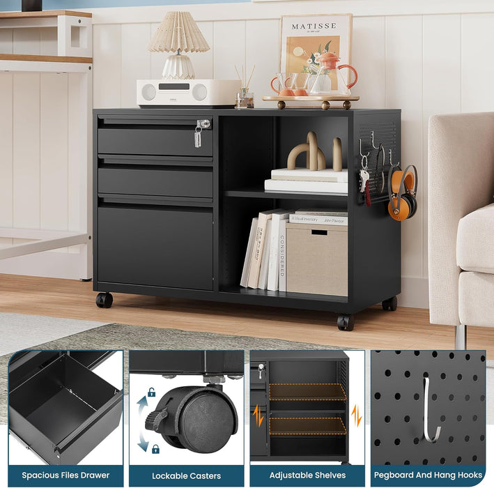 3 Drawer File Cabinet with Lock, Metal Lateral Rolling Printer Stand Office Storage Filing Cabinets for Home Office,A4, Letter,File Folders(Black)