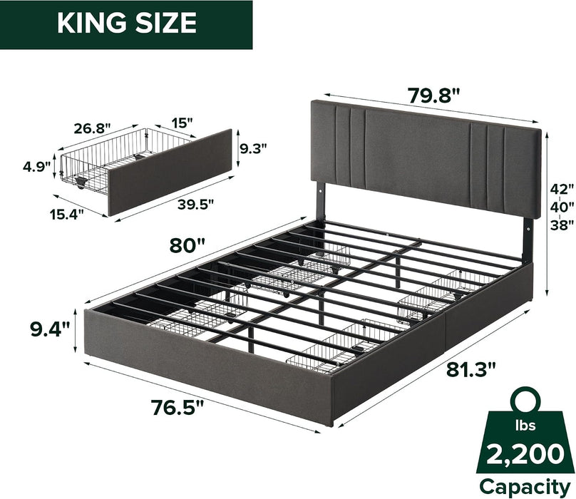 Billie Platform Bed Frame, Four Underbed Storage Drawers, King