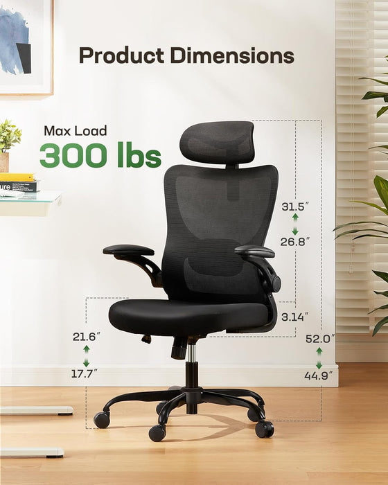 Ergonomic Office Chair: Office Computer Desk Chair with High Back Mesh and Adjustable Lumbar Support Rolling Work Swivel Task Chairs with Wheel 3D Armrests and Headrest