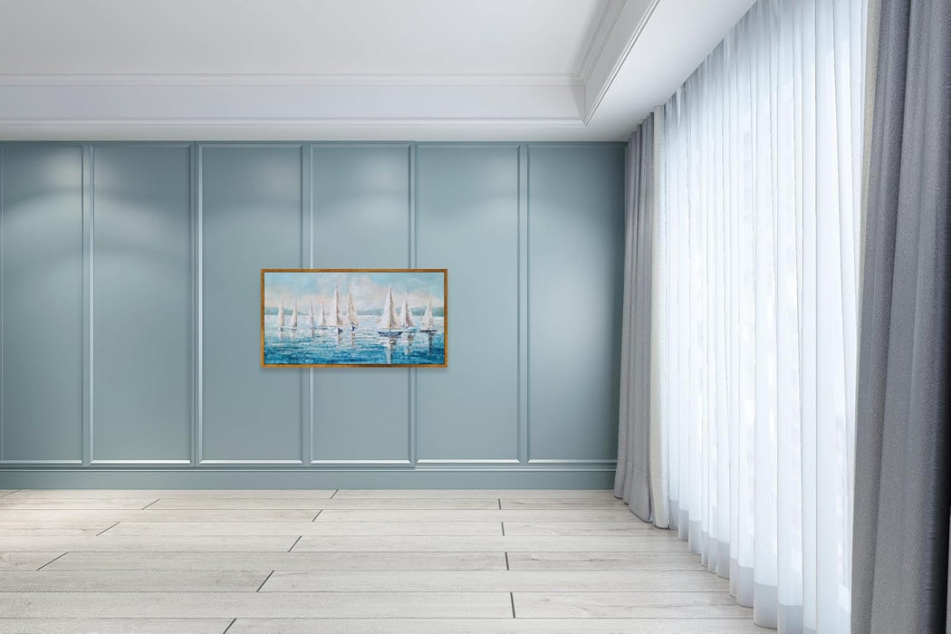 Sailing Ship Canvas Wall Art - Coastal Painting Boat Pictures Abstract Beach Ocean Artwork with Floating Framed Hand Painted Textured for Living Room Bedroom Bathroom Decor