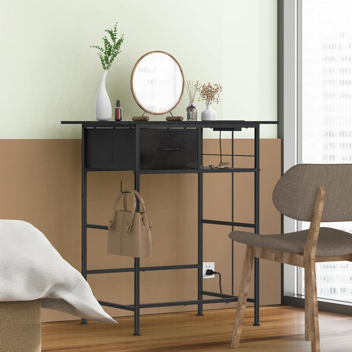 Vanity Desk without Mirror, Small Makeup Vanity Table with Fabric Drawers and Power Outlet, Compact Makeup Desk for Girls Bedroom and Small Space, Black