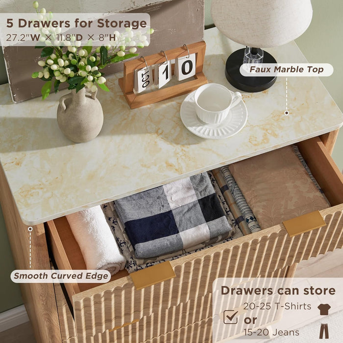 Fluted Dresser 48Inch OakFinish ContouredMarbleTop