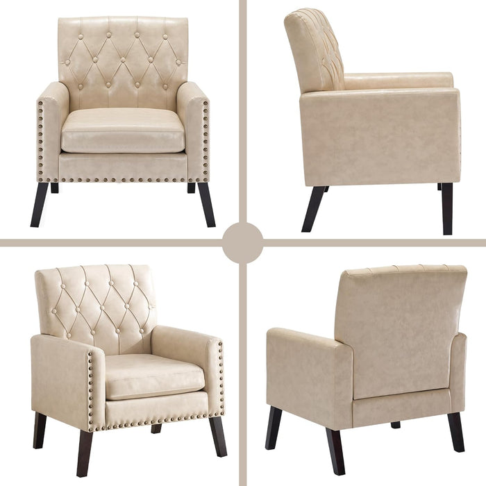 Mid Century Modern Accent Chair, Ivory Faux Leather Office Chair for Reception - Tufted Leather Club Chair for Living Room, Bedroom, or Waiting Room