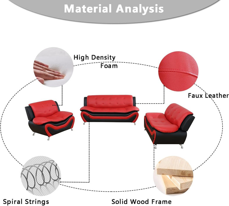 Leather Couches for Living Room, Living Room Couch Set, Sofa for Bedroom, Apartment, Living Room Furniture Sets (A-Leather Black&Red, Chair)
