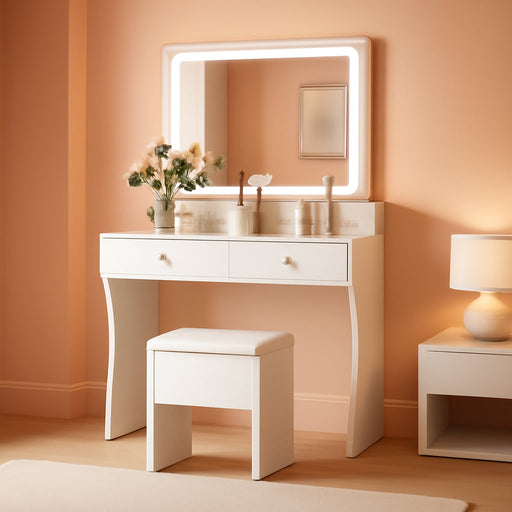 Vanity Desk with LED Lighted Mirror & Power Outlet, Makeup Vanities Table with 4 Drawers,Storage Bench,Dressing Table for Bedroom White