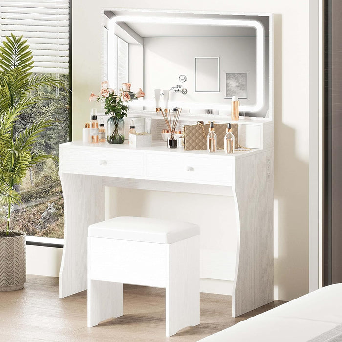 Vanity Desk with LED Lighted Mirror & Power Outlet, Makeup Vanities Table with 4 Drawers,Storage Bench,Dressing Table for Bedroom White