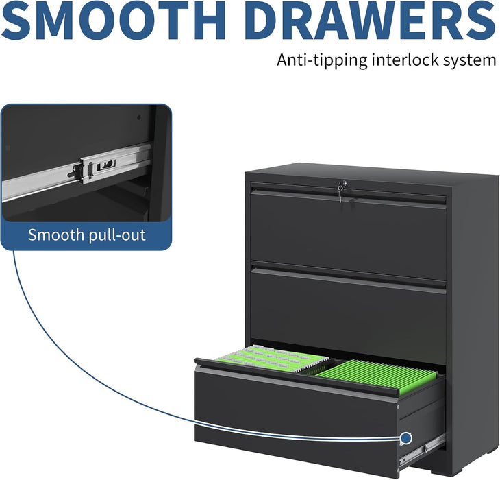 3 Drawer File Cabinet with Lock, Metal Lateral Filing Cabinets