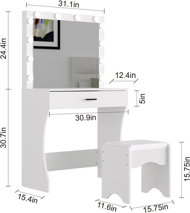 Vanity Desk with Mirror and Lights, Vanity Set Makeup Vanity Table with Adjustable Lights One Drawer Storage Makeup Table with Stool Vanity Desk for Bedroom (White)