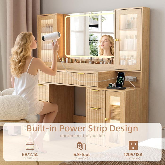 55" Vanity Desk with Mirror & Lights, Fluted Makeup Vanity with 8 Drawers & 4 Cabinets, Tempered Glass Top, RGB Cabinet Lighting, 3-Color Dimmable Mirror, and Charging Station