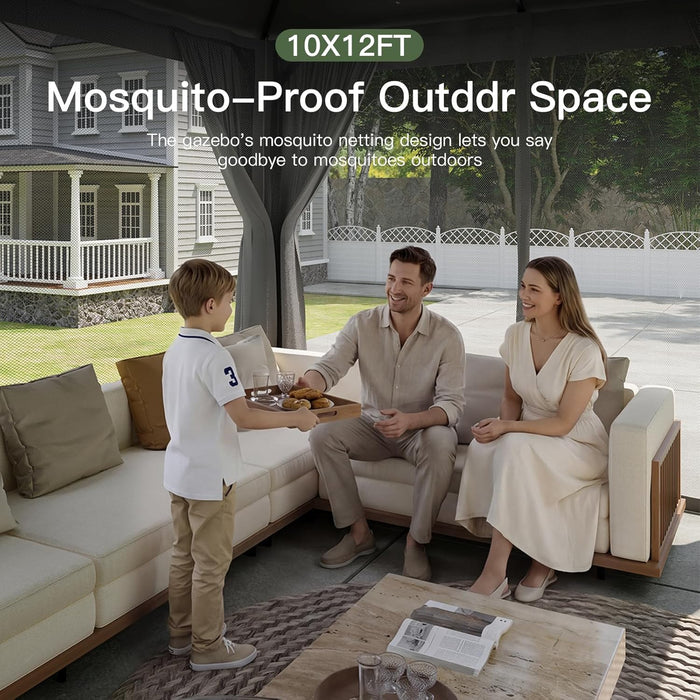 Outdoor Gazebo for Patio 10X12, Metal Frame Canopy with Double Roofs, Heavy Duty Party Tent and Shelter with Mosquito Netting and Privacy Screen for Backyard, Lawn, Garden, Deck