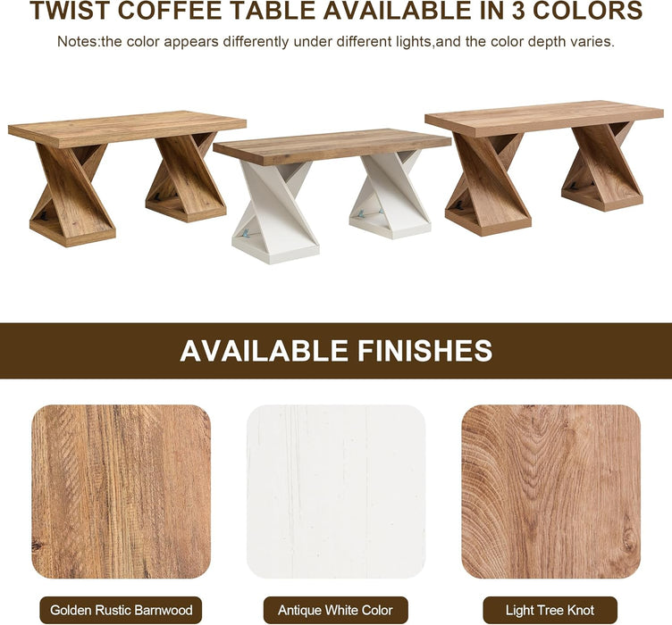 Modern Coffee Table, 48" Twisted Center Table with Wood Thickened Pedestal, Rectangular Rustic Living Room Table, Farmhouse Storage Low Cocktail Tea Table,Golden Rustic Barnwood
