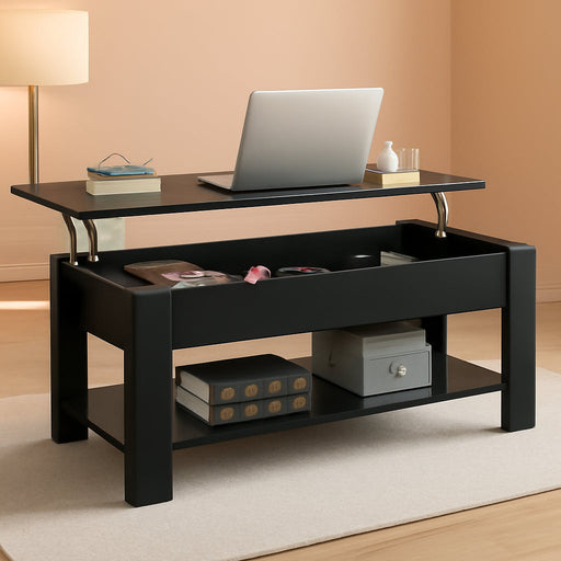 Lift Top Coffee Table with Hidden Compartment and Storage Shelf, Rising Tabletop Dining Table for Living Room Reception Room, 47.5In L, Black