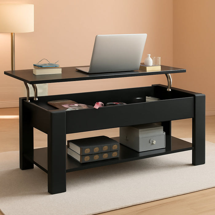 Lift Top Coffee Table with Hidden Compartment and Storage Shelf, Rising Tabletop Dining Table for Living Room Reception Room, 47.5In L, Black