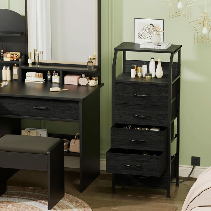 5 Drawers Dresser with Charging Station, Fabric Chest of Drawers with Open Shelf, Tall Night Stand, Bedside Table for Closet, Entryway, Bedroom Furniture, 3 Ways to Use, Black Oak