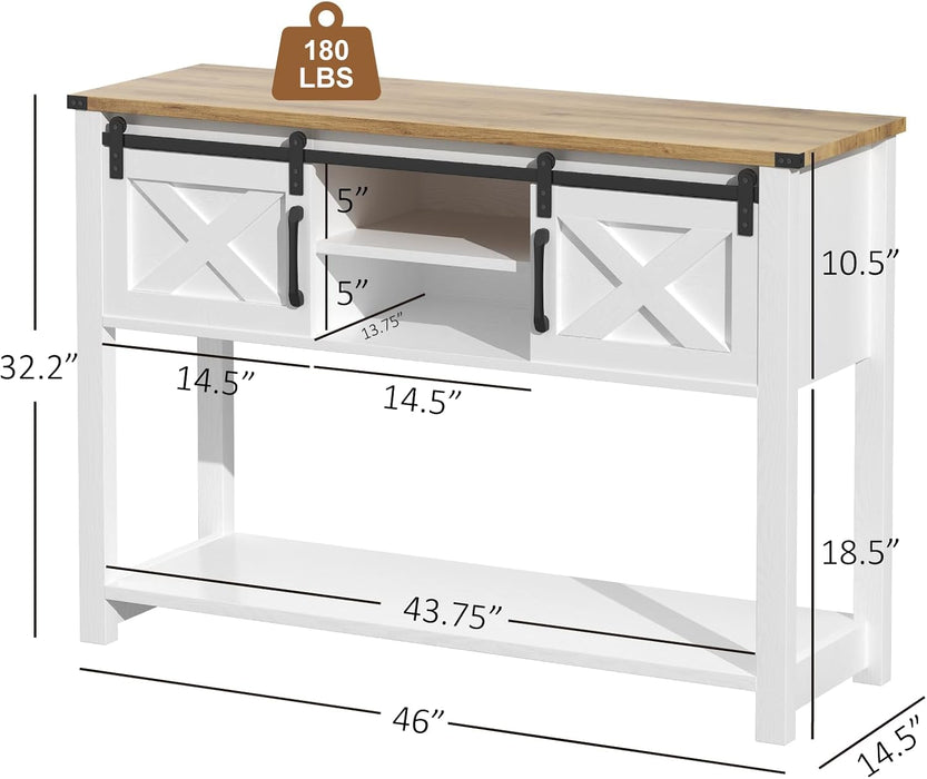 Farmhouse Entryway Table with LED Light, Sofa Table with Sliding Barn Door, Adjustable Open Shelves, 46" Rustic Console Table with Storage, Antique White Hallway for Living Room Bedroom