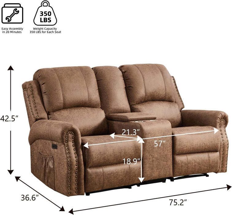 Power Reclining Loveseat, Faux Leather Double Recliner Sofa with Side Pocket, Center Console, Hidden Storage & Cup Holders, Vintage Rivet Mid-Century Modern Design for Living Room, Nut Brown