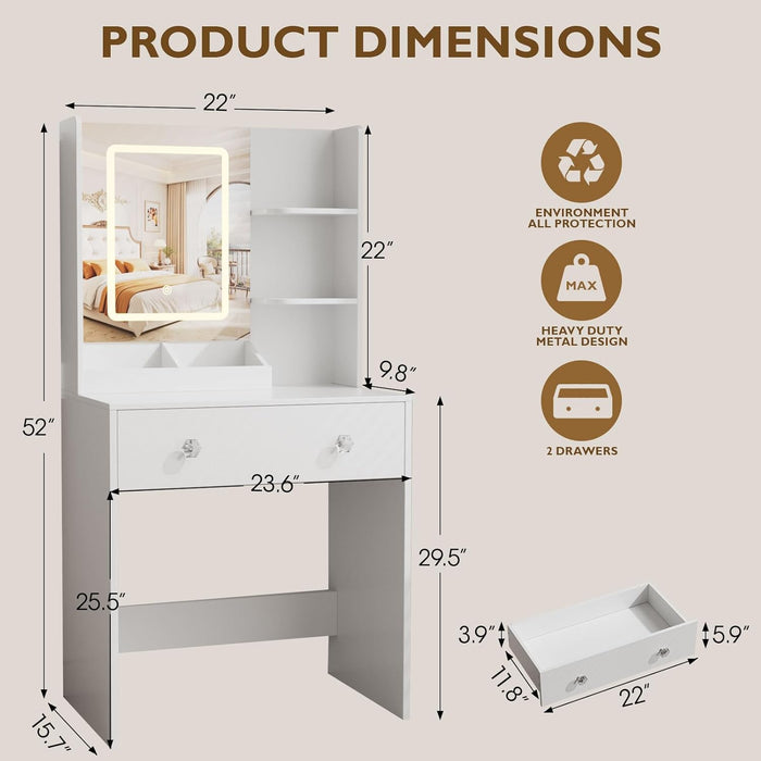 Vanity Desk with Mirror and LED Lights, Small Makeup Vanity Desk with 2 Drawers, 3 Storage Shelves, 24 Inches Make up Dressing Table with Power Outlet, 3 Adjustable Lights for Girls Bedroom, White
