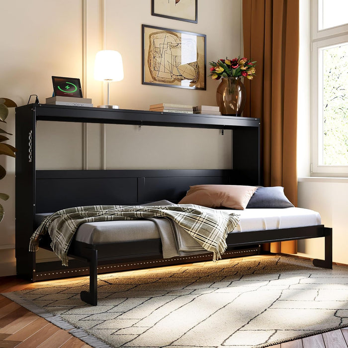 Black Twin Murphy Bed Featuring Integrated Lighting