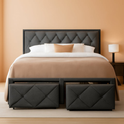 Full Size Bed Frame with 2 Storage Drawers, Metal Platform Bed with Charging Station, Upholstered Button Tufted Storage Headboard, No Box Spring Needed, Noise-Free, Easy Assembly, Grey