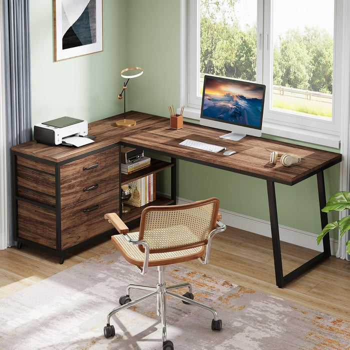 53" L Shaped Office Desk, Reversible Corner Computer Desk with 3 File Drawers and 2 Storage Shelves for Home Office, Study, Gaming Room (Brown)