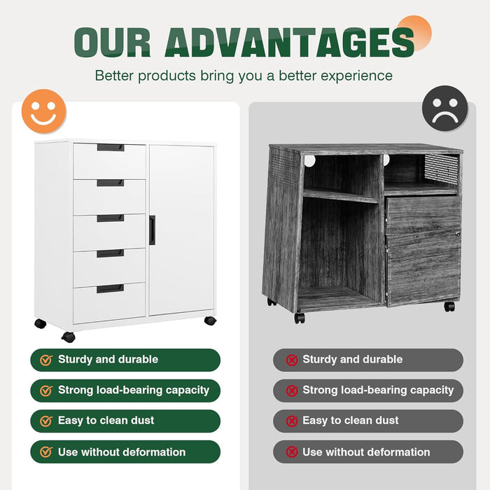 White Five-Drawer Movable Storage Cabinet For Home