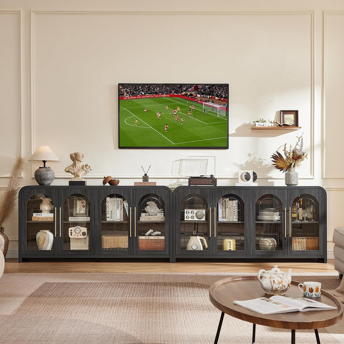 65" Sideboard Buffet Cabinet with Arched Glass Doors, Dark Gray | Modern Wood Sideboard, Spacious Storage Credenza, Adjustable Shelves, Living Room Accent Cabinet, Dining Room & Entryway Use