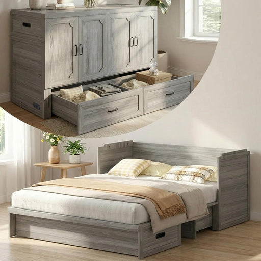 Queen Murphy Bed Grey SpaceSavingDrawer Compact Unit
