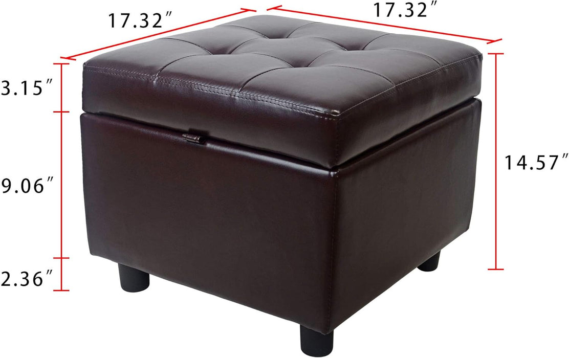 Tufted Leather Square Flip Top Storage Ottoman Cube Foot Rest (Brown with Storage)