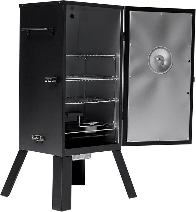 ® 30-Inch Electric Vertical BBQ Smoker with Analog Temperature Control, Chrome Smoking Racks and 535 Cooking Square Inches in Black, Model MB20070210