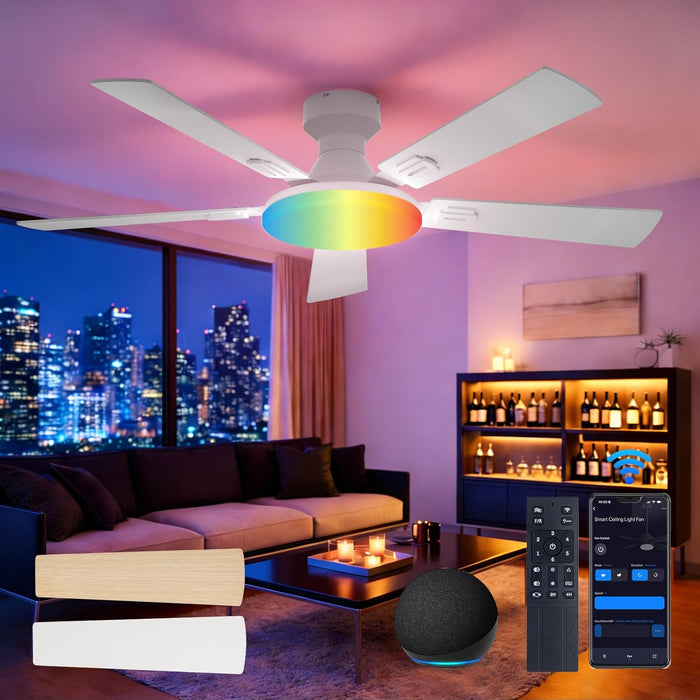 Ceiling Fans with Lights, 52'' Smart RGB Ceiling Fan with Remote/App/Alexa Control, Flush Mount, Reversible DC Motor, 5 Blades, 6 Speeds, 3CCT, Dimmable, Noiseless, Bedroom, Living Room, White