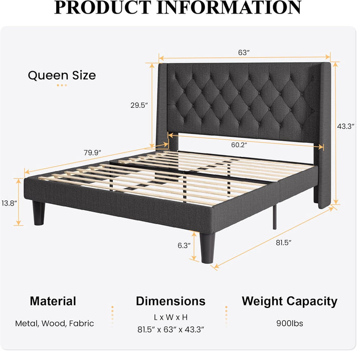 Queen Size Platform Bed Frame with Upholstered Headboard and Wingback, Button Tufted Design, Easy Assembly, No Box Spring Needed, Dark Grey