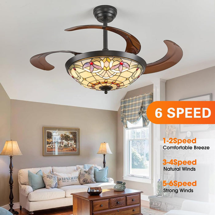 48" Tiffany Retractable Ceiling Fan with Light - (Red Dot, Black)