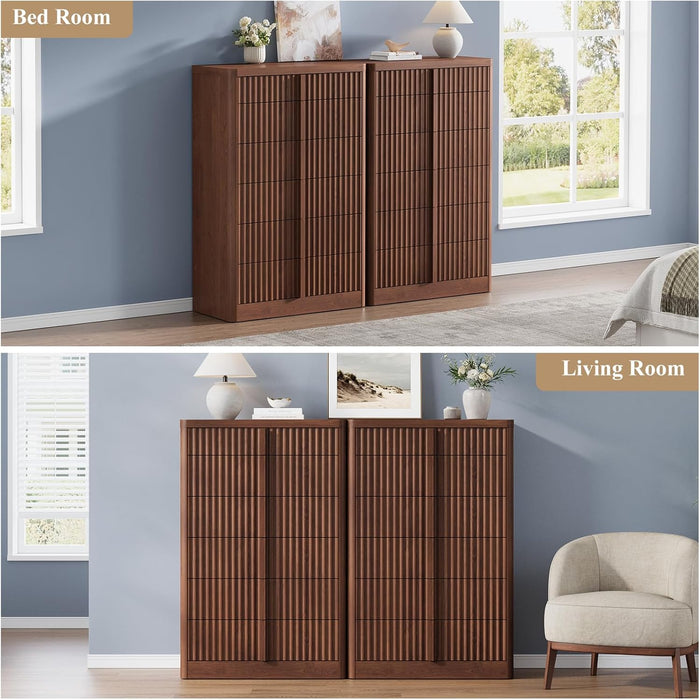 Fluted Dresser for Bedroom, 48" Tall 6 Drawer Dressers, Modern Chest of Drawers with Solid Wood Handle, Curved Profile Design, Wood Dresser Storage Organizer, Living Room, Hallway, Walnut
