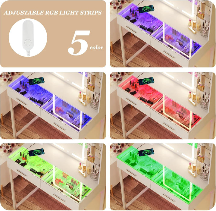 Vanity Desk with Mirror and LED Lights, 31" Small Makeup Vanity with Glass Top & Power Outlet, Vanity with 3 Colors Light, RGB Drawers and Five Shelves, White Vanity for Bedroom