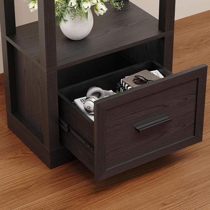 Display Shelf with 3 Color Light, Bookshelf with Drawer, Dimmable Display Cabinet for Collectibles, Bookcase, Display Case for Books, Trophies, Toys, Black