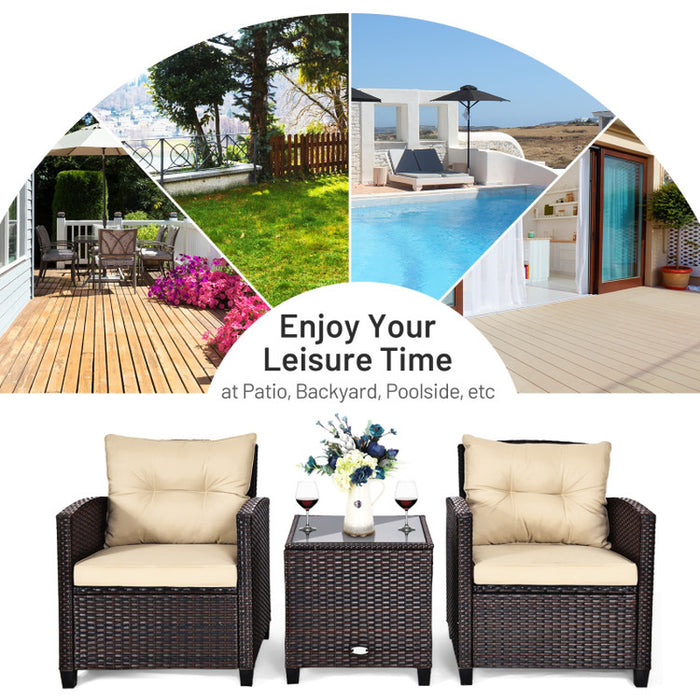 3 Pieces Rattan Patio Furniture Set with Washable Cushion