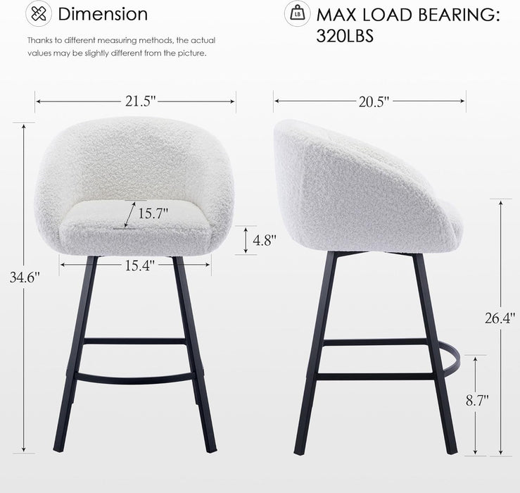 26'' Swivel Counter Stools, Modern Bar Stools for Kitchen Counter, White Sherpa Kitchen Counter Stools, Upholstered Barstools with Backs, Counter Height Stool Chairs with Metal Legs
