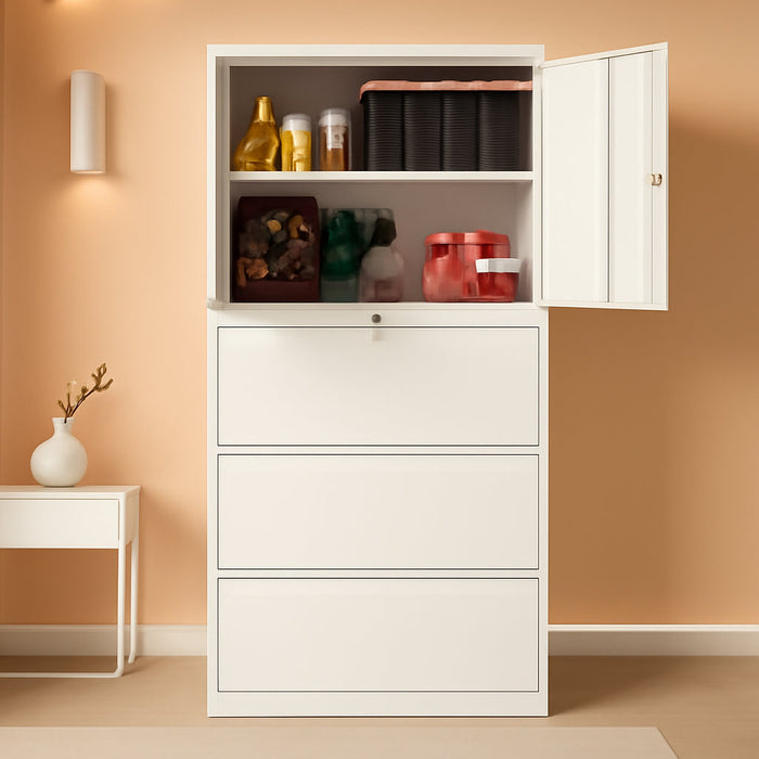 3 Drawers Metal Lateral File Cabinet with Lockable Drawer and Dorrs - White Large Steel Filing Cabinet for Home Office Hanging Files Letter/Legal/F4/A4 Size